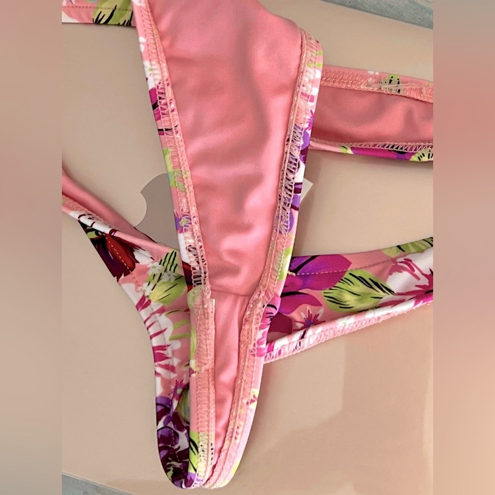 VICTORIA'S SECRET Pink Purple Red Floral 1 Shoulder Top & Thong SWIM Set EUC S - Picture 10 of 12